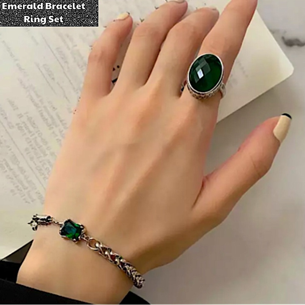 Sterling Silver Emerald Zircon Bracelet Matching Emerald Zircon Statement Ring